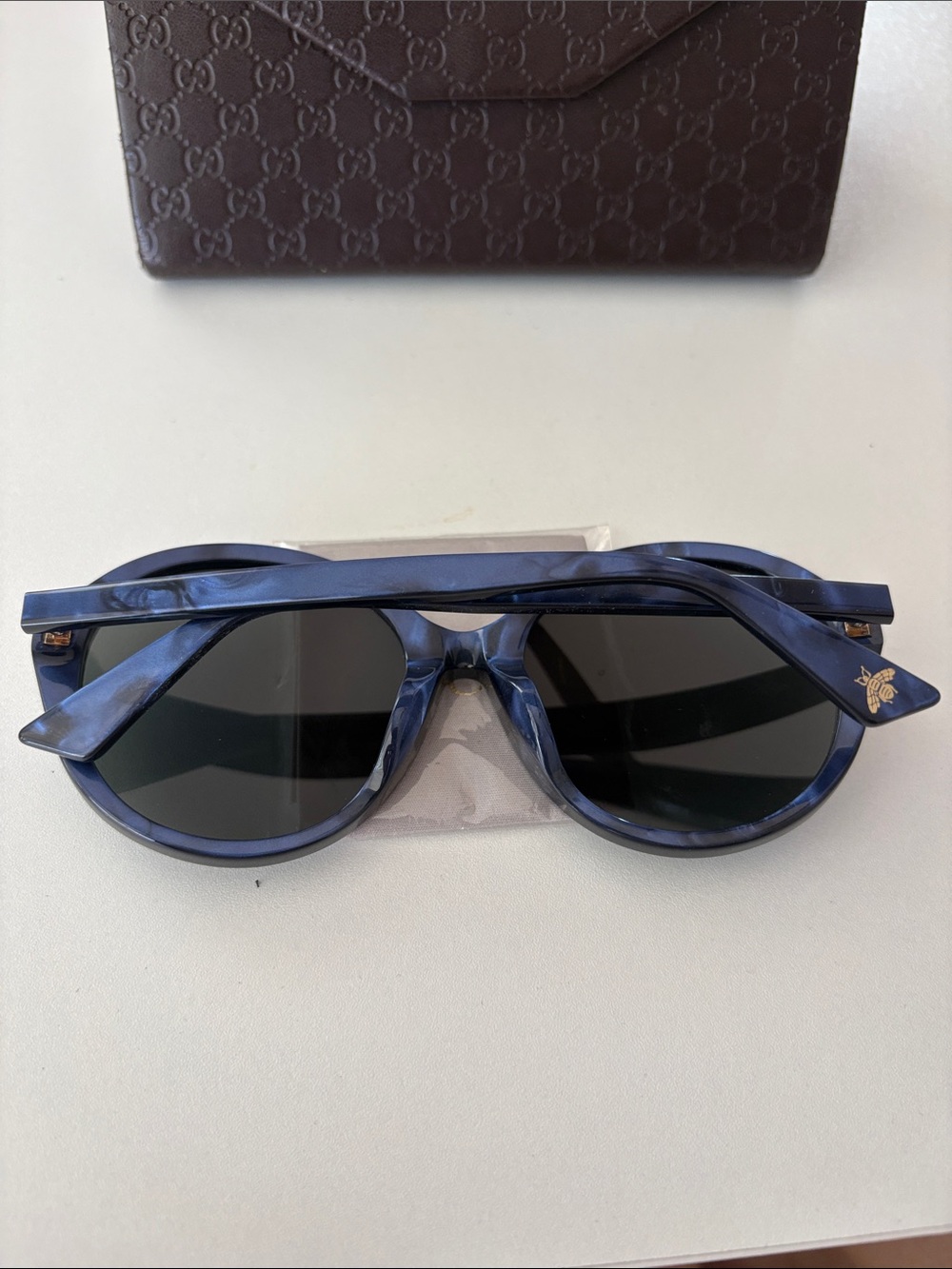 Gucci GG0023S Blue Pearl Marbled Round Oversized Sunglasses Case - Picture 4 of 7
